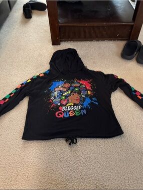 Black 'Blessed Queen' Graphic Hoodie with Multicolor Sleeve Accents